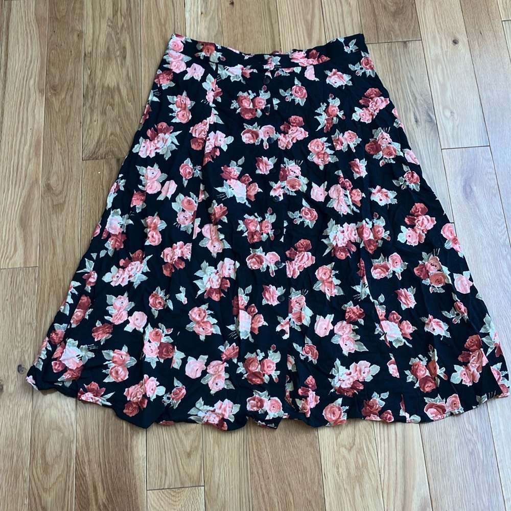 Floral Black A-Line Skirt with Pink Rose Print